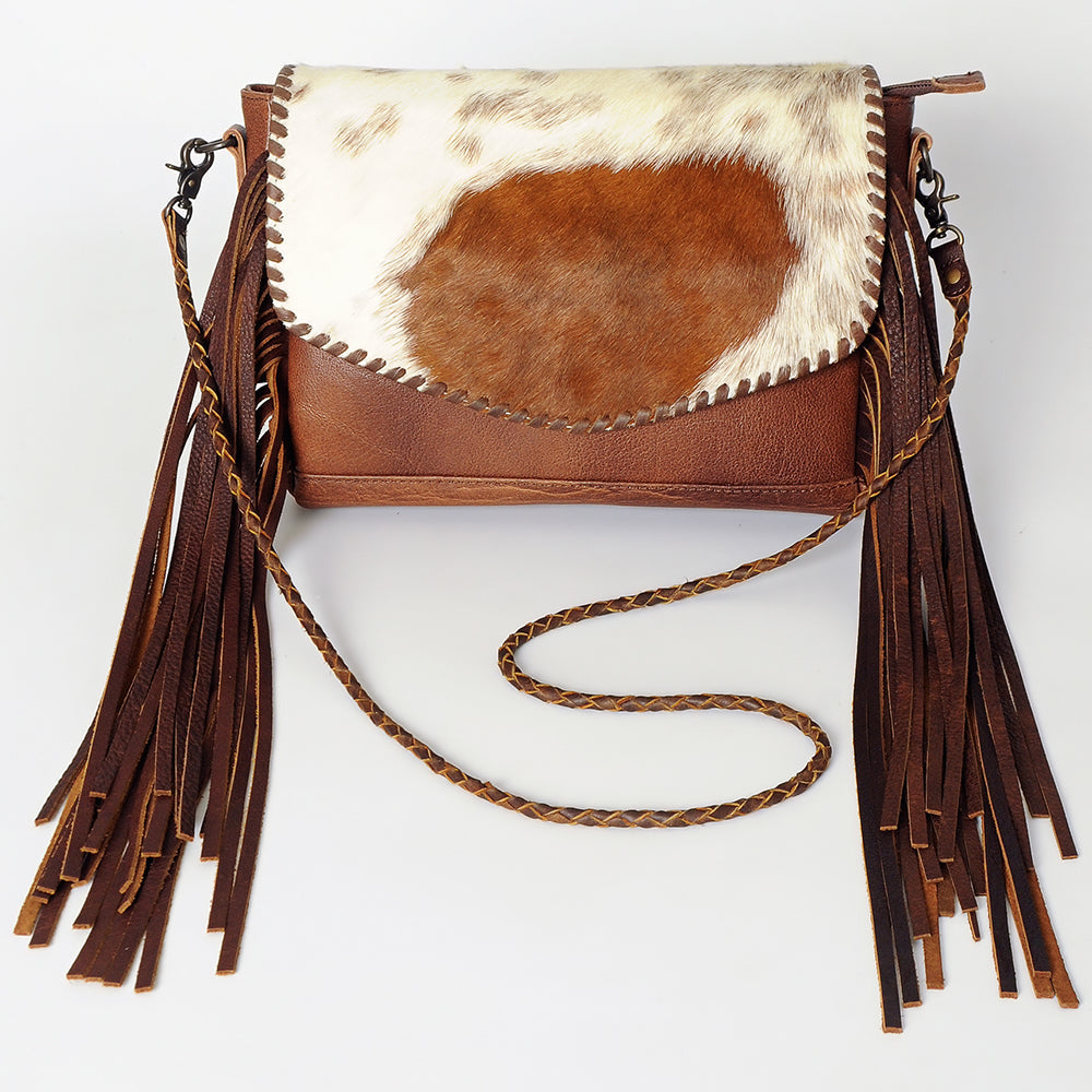 American Darling Cross body Bag Western Leather Hair-On Cowhide Braided Detail with Fringes 8in x 11in