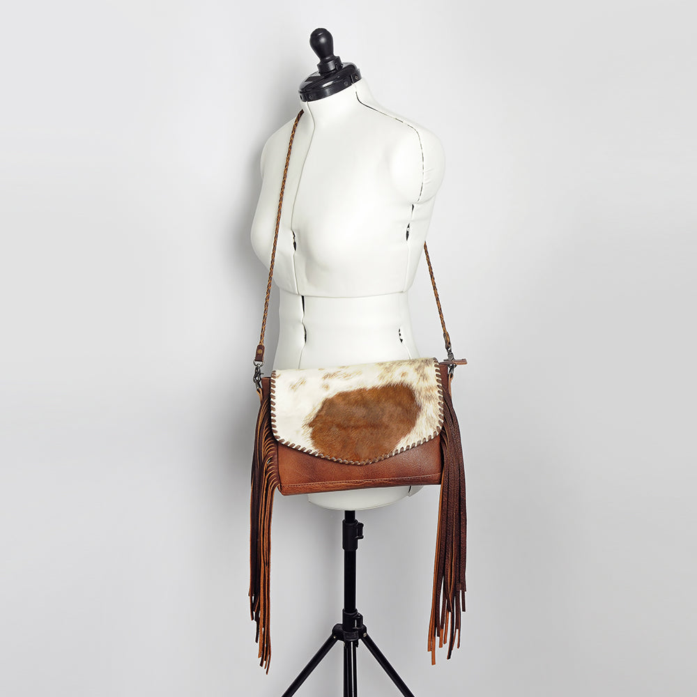 American Darling Cross body Bag Western Leather Hair-On Cowhide Braided Detail with Fringes 8in x 11in
