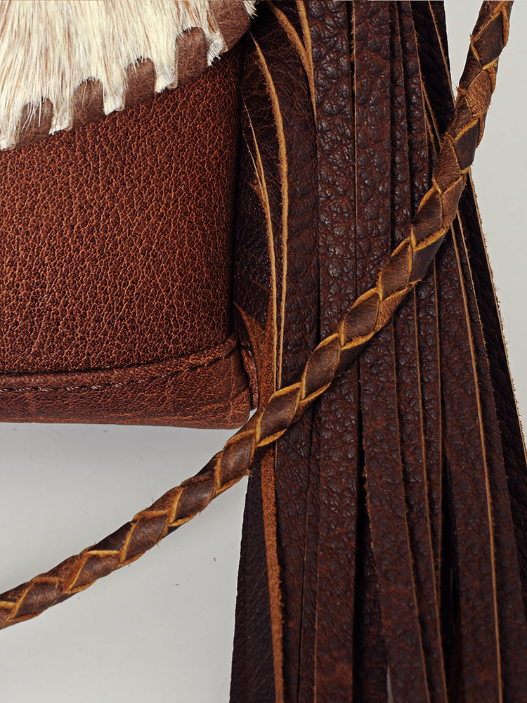 American Darling Cross body Bag Western Leather Hair-On Cowhide Braided Detail with Fringes 8in x 11in