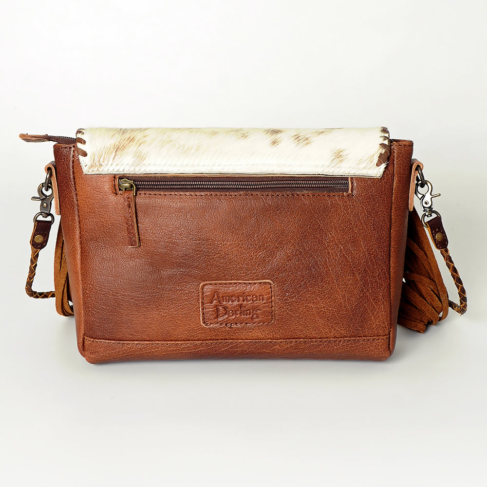 American Darling Cross body Bag Western Leather Hair-On Cowhide Braided Detail with Fringes 8in x 11in
