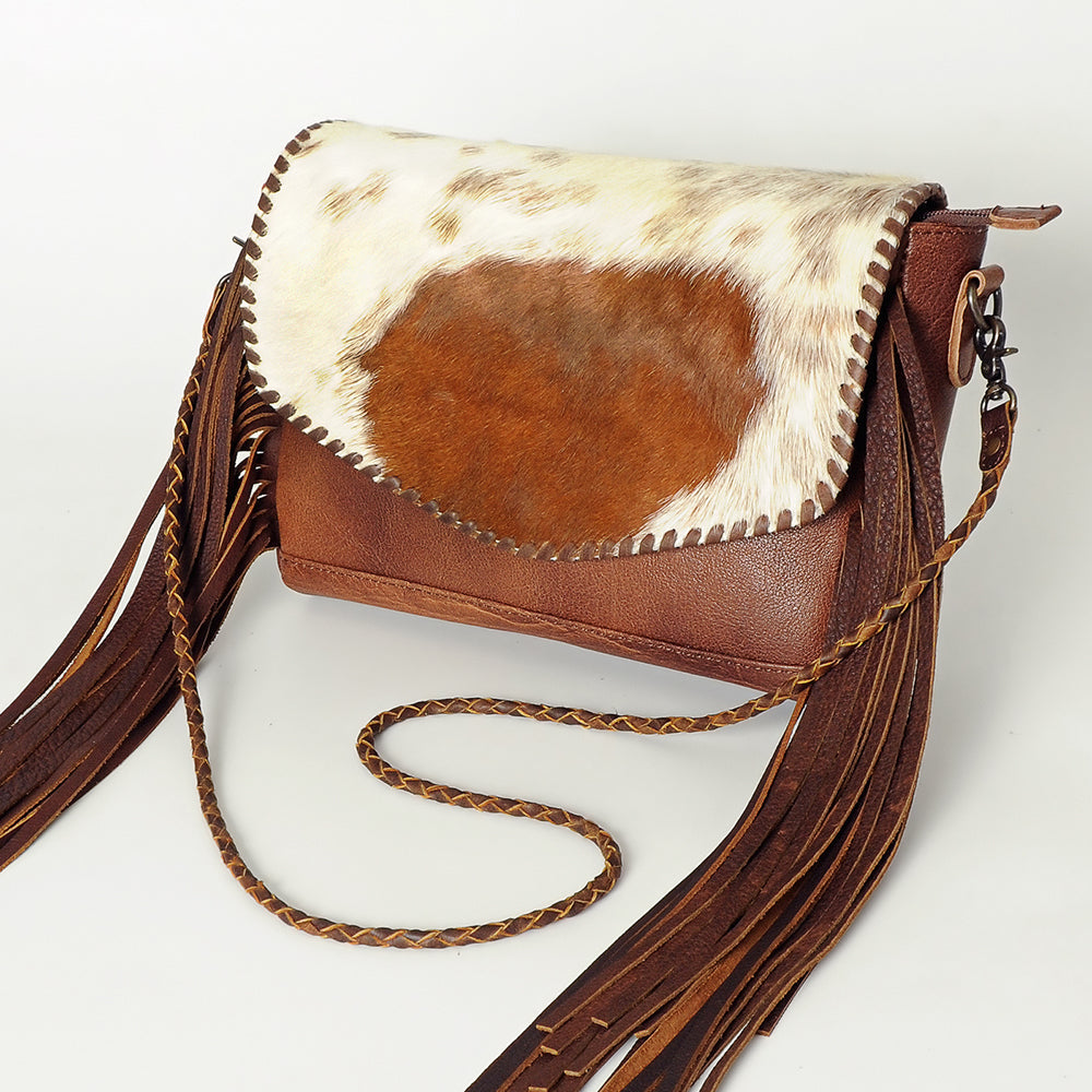 American Darling Cross body Bag Western Leather Hair-On Cowhide Braided Detail with Fringes 8in x 11in