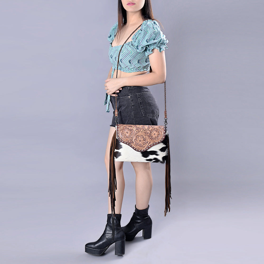 American Darling Cross body Bag Western Leather Hair-On Cowhide Braided Detail with Fringes 8in x 11in
