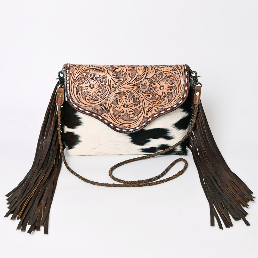 American Darling Cross body Bag Western Leather Hair-On Cowhide Braided Detail with Fringes 8in x 11in