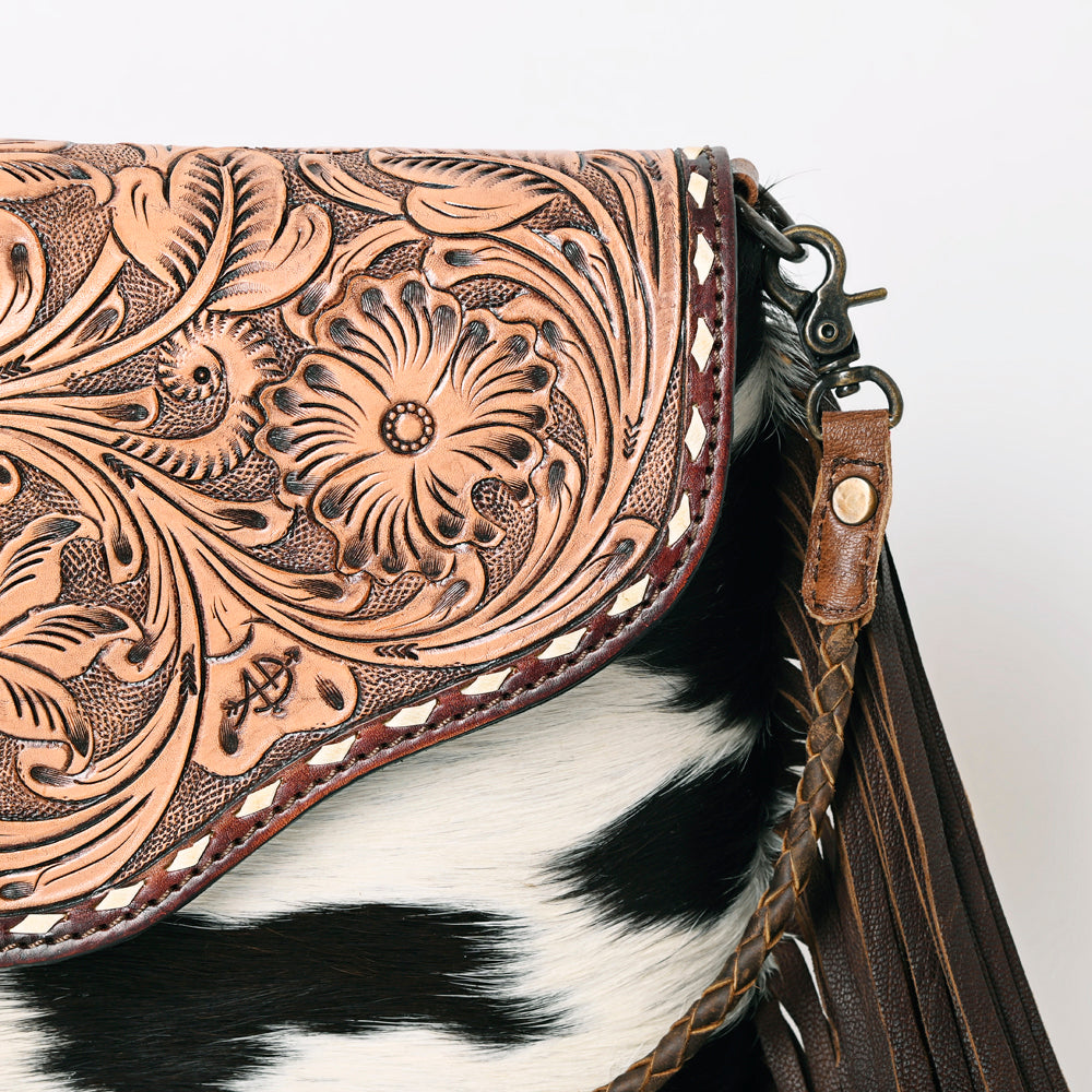 American Darling Cross body Bag Western Leather Hair-On Cowhide Braided Detail with Fringes 8in x 11in