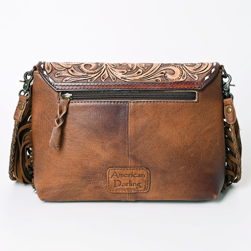 American Darling Cross body Bag Western Leather Hair-On Cowhide Braided Detail with Fringes 8in x 11in