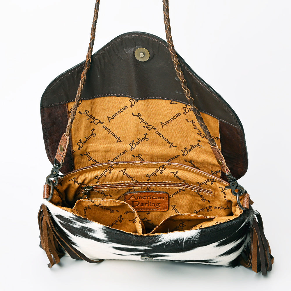 American Darling Cross body Bag Western Leather Hair-On Cowhide Braided Detail with Fringes 8in x 11in