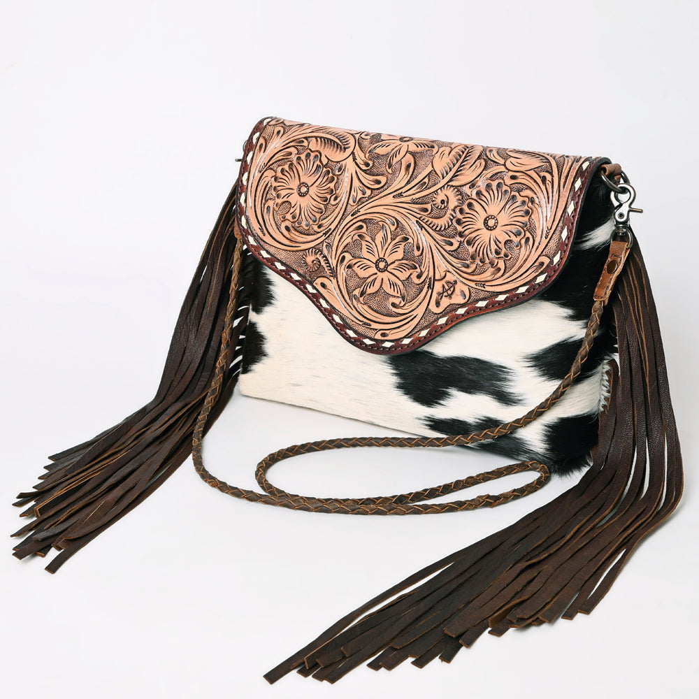 American Darling Cross body Bag Western Leather Hair-On Cowhide Braided Detail with Fringes 8in x 11in