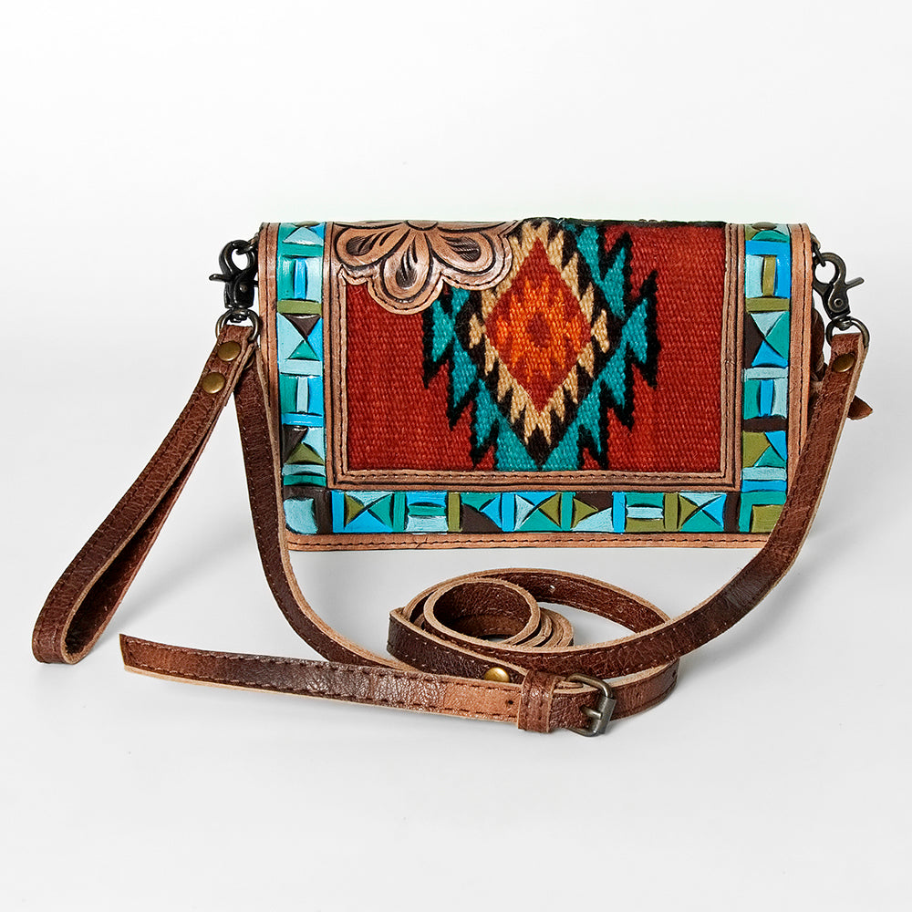 American Darling Small Cross body Bag for Women, Hand Tooled Floral Leather, Woven Saddle Blanket, Genuine Leather Purse