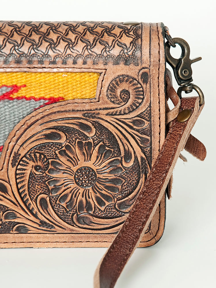 American Darling Small Cross body Bag for Women, Hand Tooled Floral Leather, Woven Saddle Blanket, Genuine Leather Purse