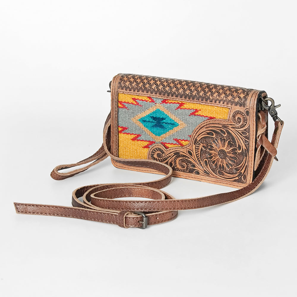 American Darling Small Cross body Bag for Women, Hand Tooled Floral Leather, Woven Saddle Blanket, Genuine Leather Purse