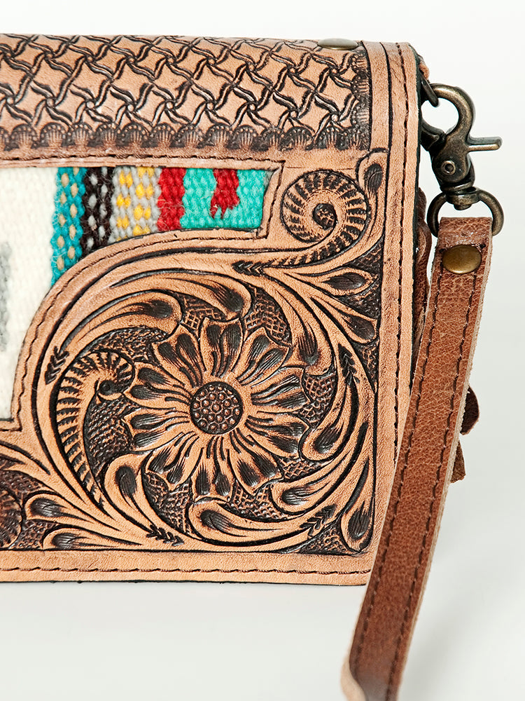 American Darling Small Cross body Bag for Women, Hand Tooled Floral Leather, Woven Saddle Blanket, Genuine Leather Purse
