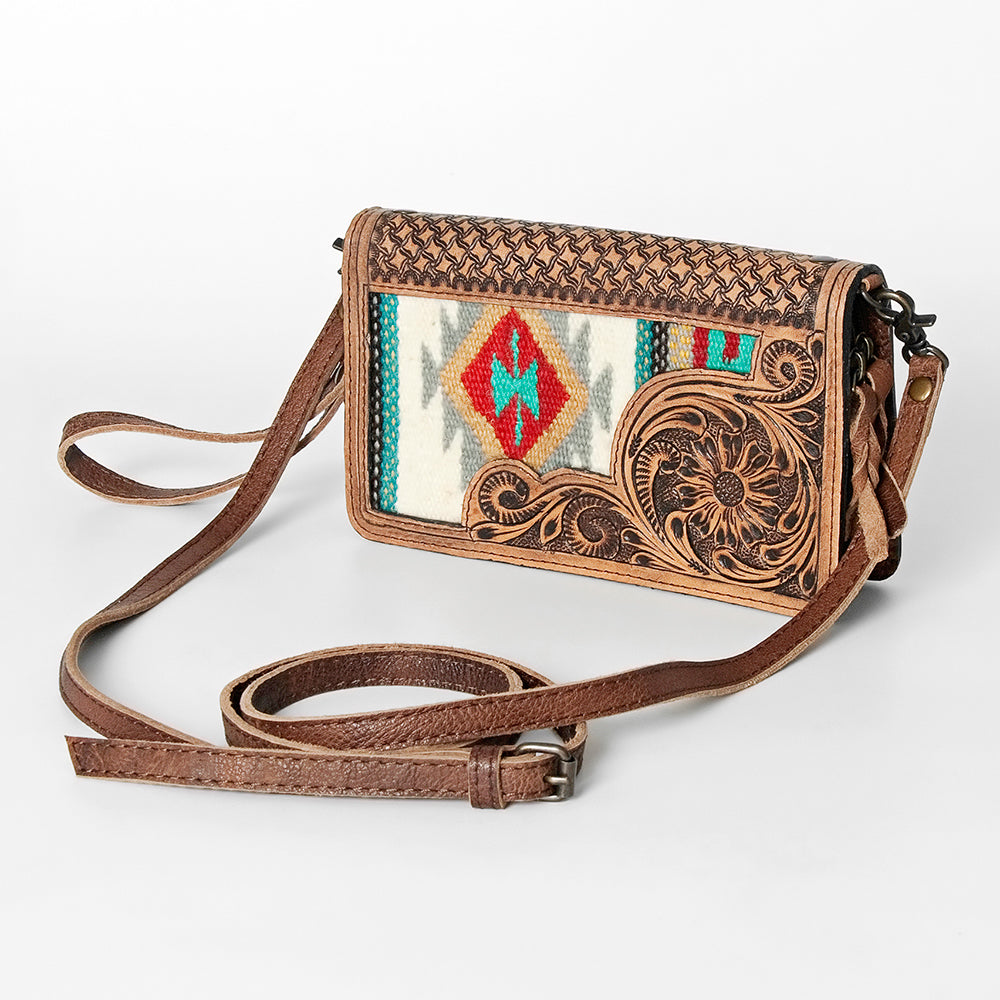 American Darling Small Cross body Bag for Women, Hand Tooled Floral Leather, Woven Saddle Blanket, Genuine Leather Purse