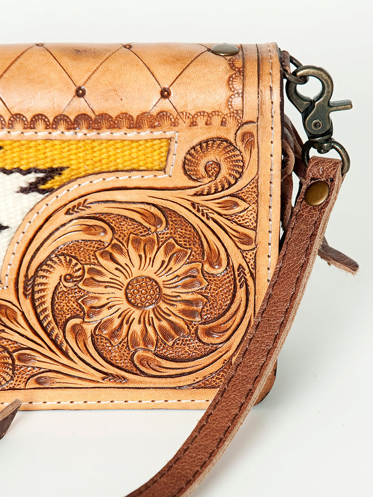 American Darling Small Cross body Bag for Women, Hand Tooled Floral Leather, Woven Saddle Blanket, Genuine Leather Purse