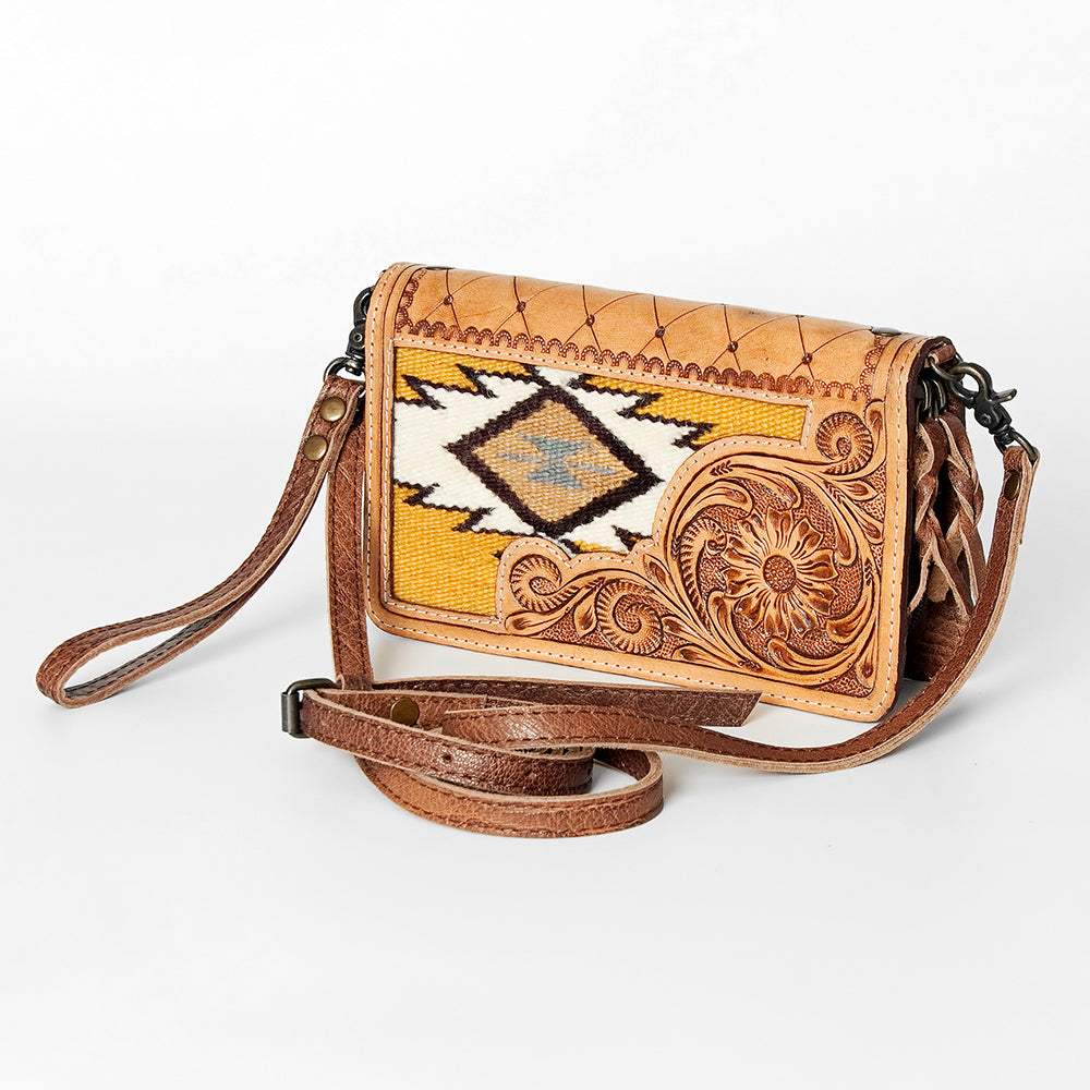 American Darling Small Cross body Bag for Women, Hand Tooled Floral Leather, Woven Saddle Blanket, Genuine Leather Purse
