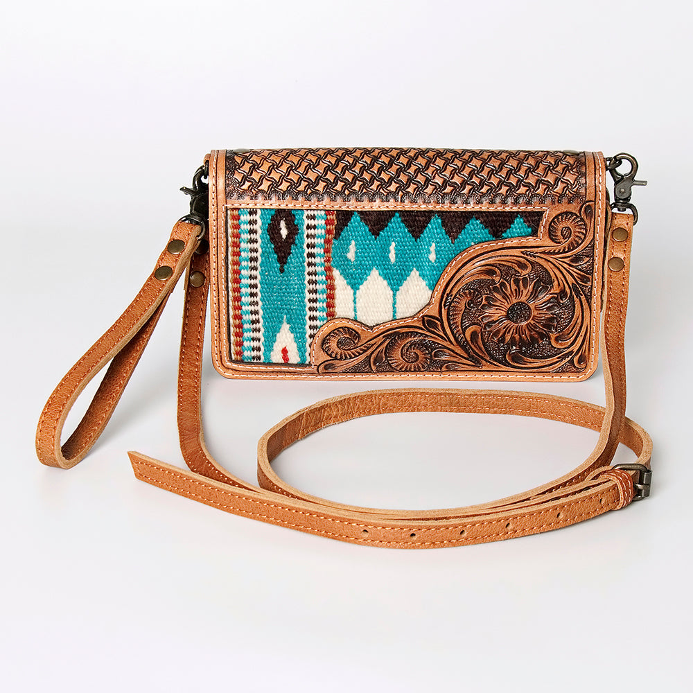 American Darling Small Cross body Bag for Women, Hand Tooled Floral Leather, Woven Saddle Blanket, Genuine Leather Purse