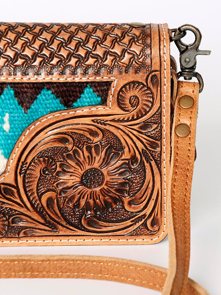 American Darling Small Cross body Bag for Women, Hand Tooled Floral Leather, Woven Saddle Blanket, Genuine Leather Purse