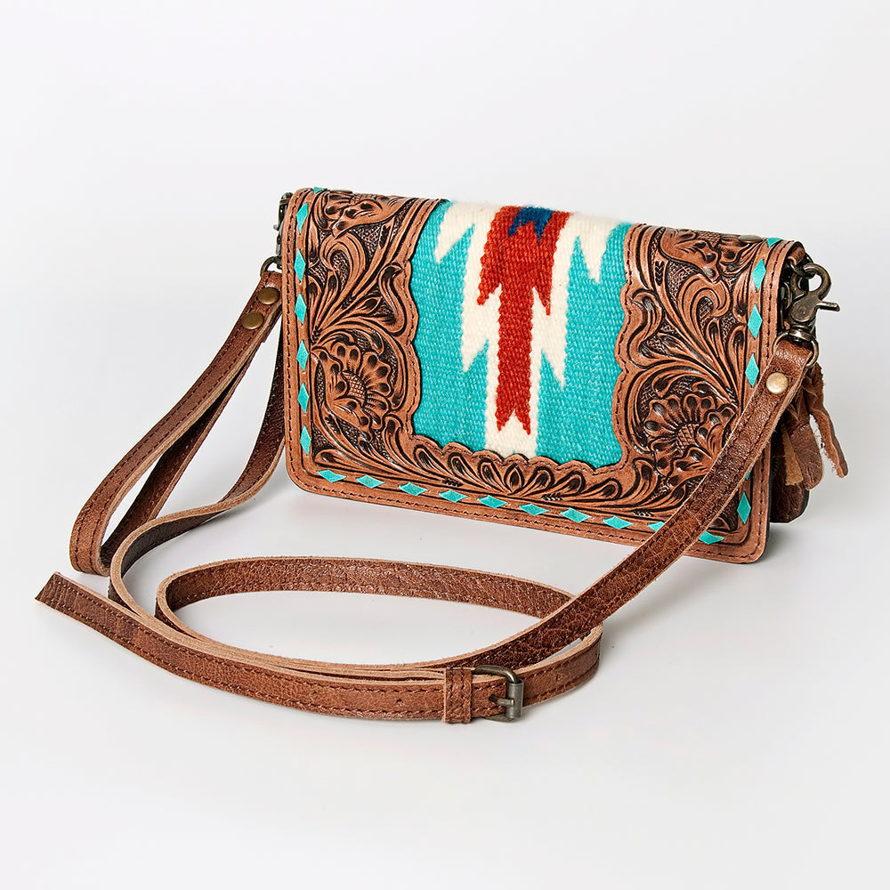 American Darling Small Cross body Bag for Women, Hand Tooled Floral Leather, Woven Saddle Blanket, Genuine Leather Purse