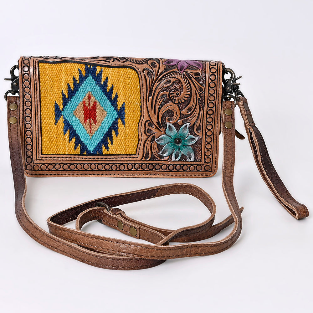 American Darling Small Cross body Bag for Women, Hand Tooled Floral Leather, Woven Saddle Blanket, Genuine Leather Purse