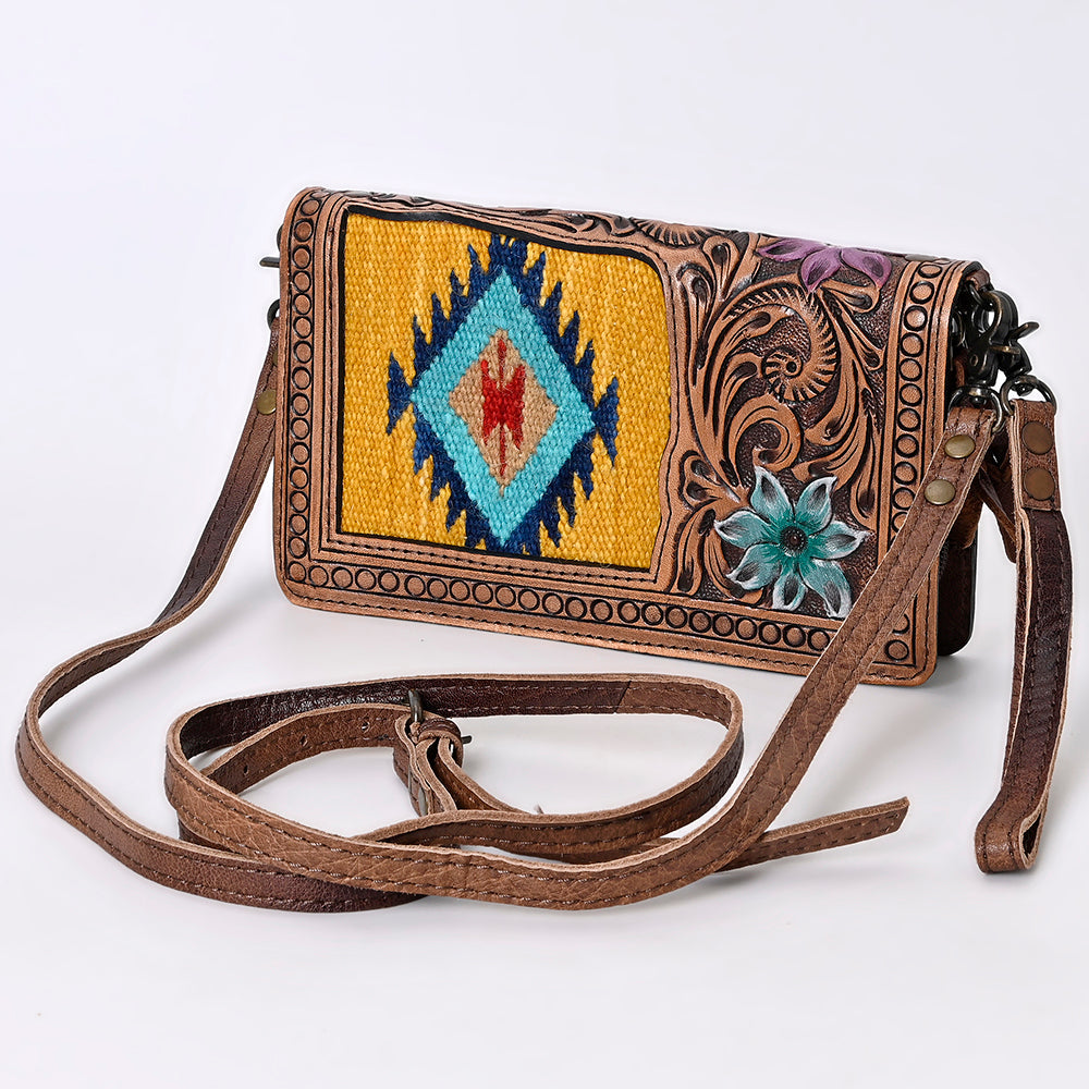 American Darling Small Cross body Bag for Women, Hand Tooled Floral Leather, Woven Saddle Blanket, Genuine Leather Purse