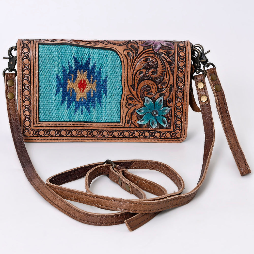 American Darling Small Cross body Bag for Women, Hand Tooled Floral Leather, Woven Saddle Blanket, Genuine Leather Purse