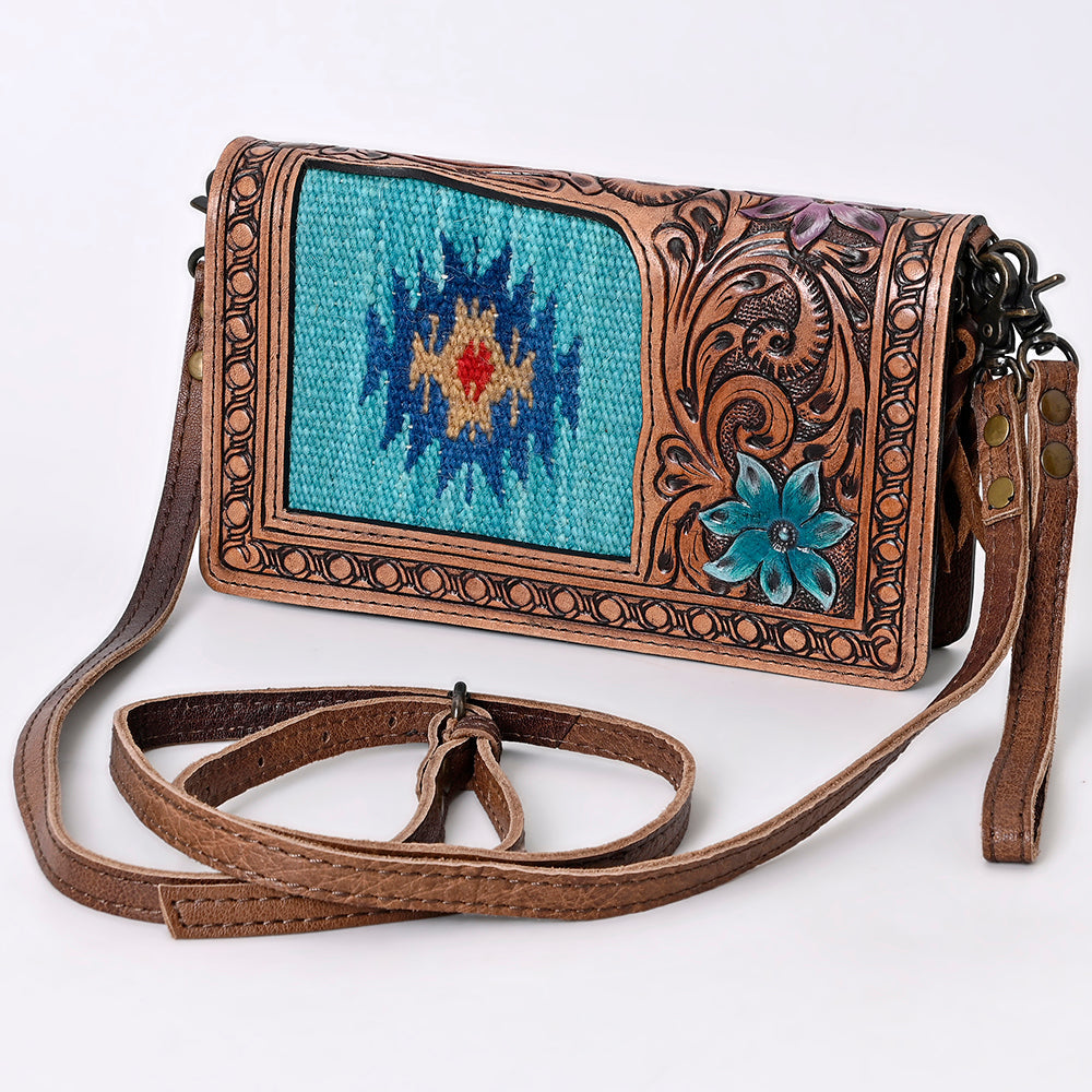 American Darling Small Cross body Bag for Women, Hand Tooled Floral Leather, Woven Saddle Blanket, Genuine Leather Purse