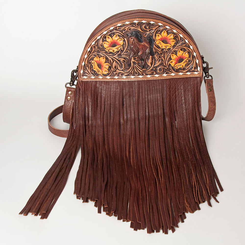 American Darling Canteen Bag for Women, Hand Tooled Floral Leather, Western Style Crossbody with Fringes, Genuine Leather
