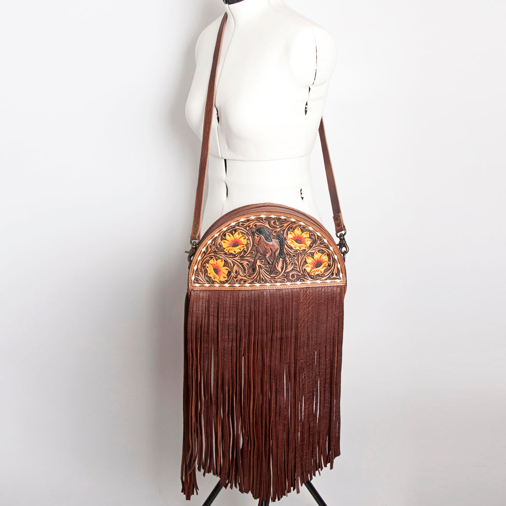 American Darling Canteen Bag for Women, Hand Tooled Floral Leather, Western Style Crossbody with Fringes, Genuine Leather