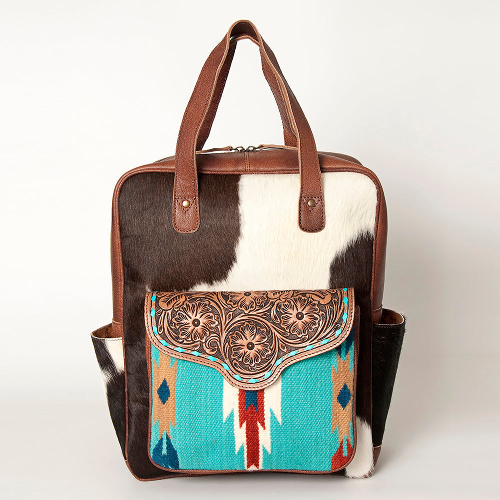 American Darling Backpack, Hand Tooled Floral Leather, Hair-On Cowhide & Woven Saddle Blanket, Western Style Genuine Leather