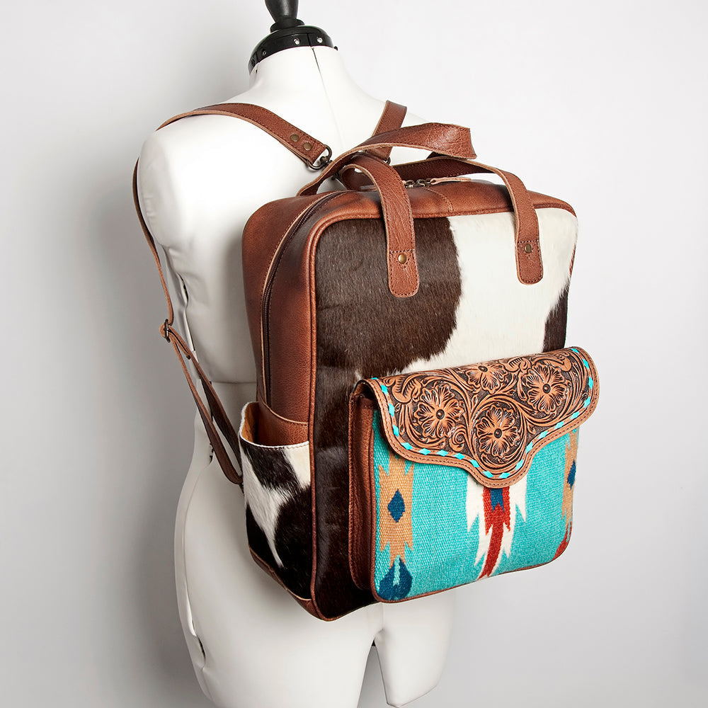 American Darling Backpack, Hand Tooled Floral Leather, Hair-On Cowhide & Woven Saddle Blanket, Western Style Genuine Leather