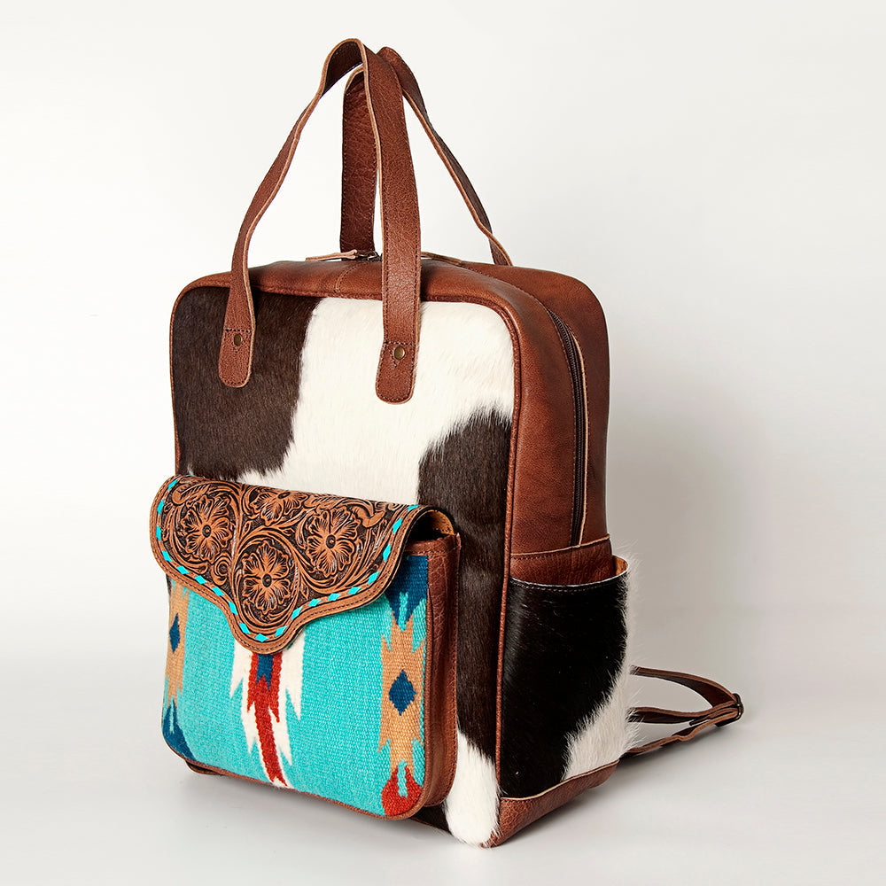 American Darling Backpack, Hand Tooled Floral Leather, Hair-On Cowhide & Woven Saddle Blanket, Western Style Genuine Leather