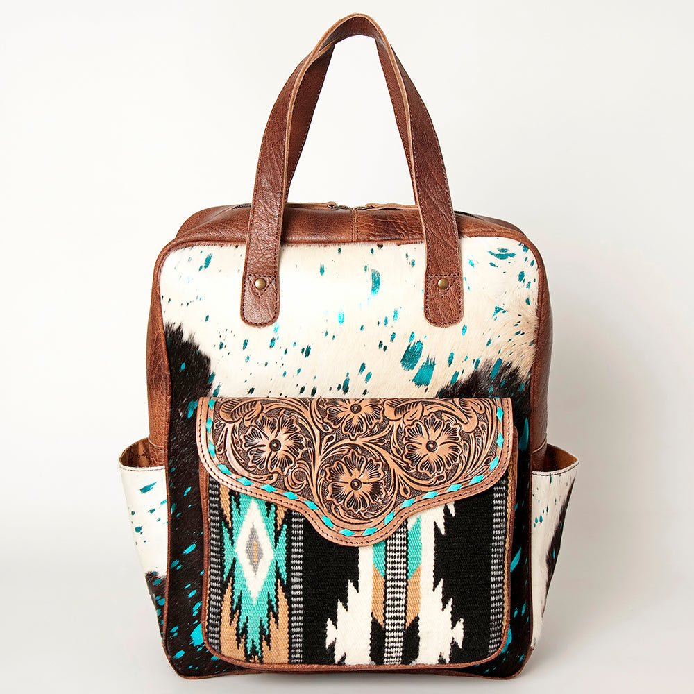American Darling Backpack, Hand Tooled Floral Leather, Hair-On Cowhide & Woven Saddle Blanket, Western Style Genuine Leather