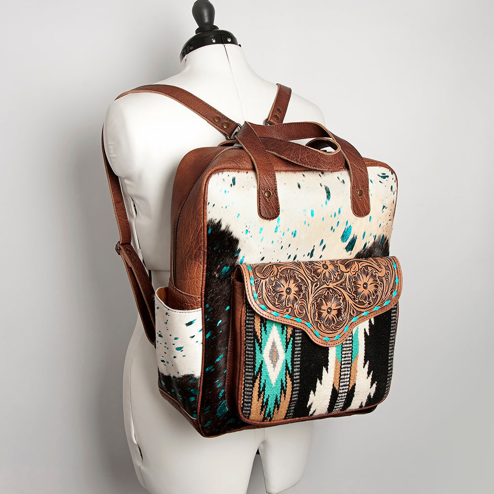 American Darling Backpack, Hand Tooled Floral Leather, Hair-On Cowhide & Woven Saddle Blanket, Western Style Genuine Leather