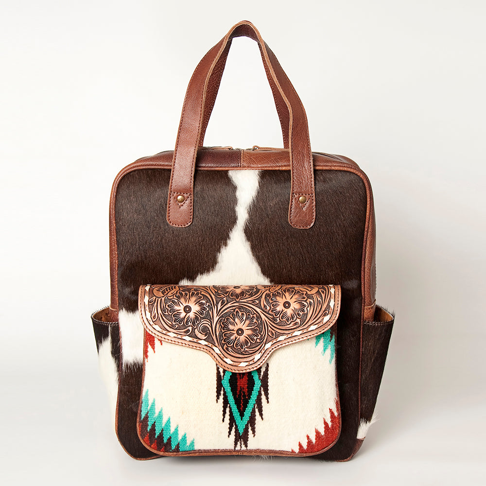 American Darling Backpack, Hand Tooled Floral Leather, Hair-On Cowhide & Woven Saddle Blanket, Western Style Genuine Leather