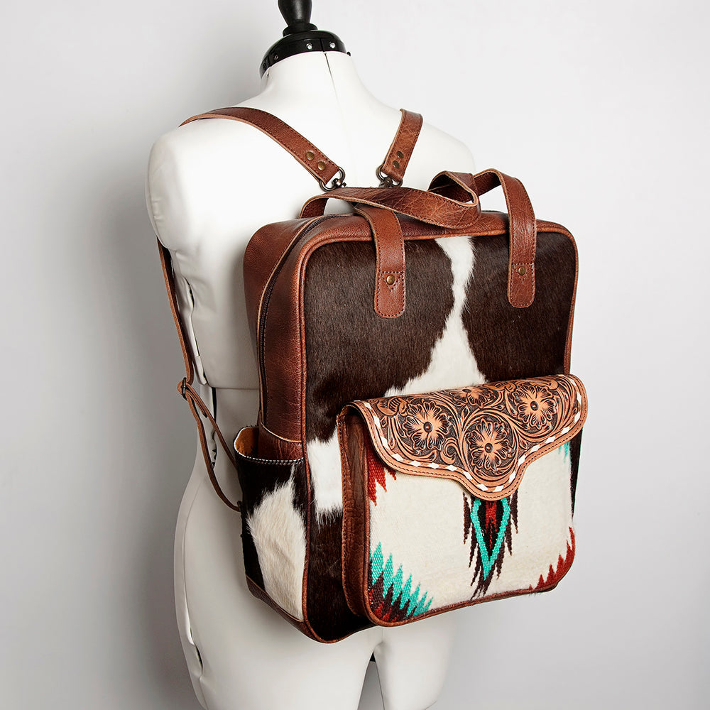 American Darling Backpack, Hand Tooled Floral Leather, Hair-On Cowhide & Woven Saddle Blanket, Western Style Genuine Leather