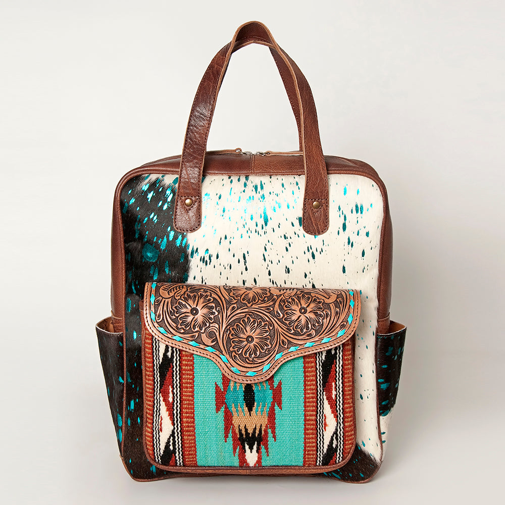 American Darling Backpack, Hand Tooled Floral Leather, Hair-On Cowhide & Woven Saddle Blanket, Western Style Genuine Leather