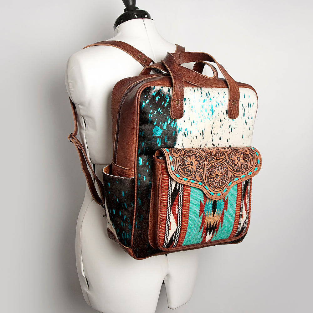 American Darling Backpack, Hand Tooled Floral Leather, Hair-On Cowhide & Woven Saddle Blanket, Western Style Genuine Leather