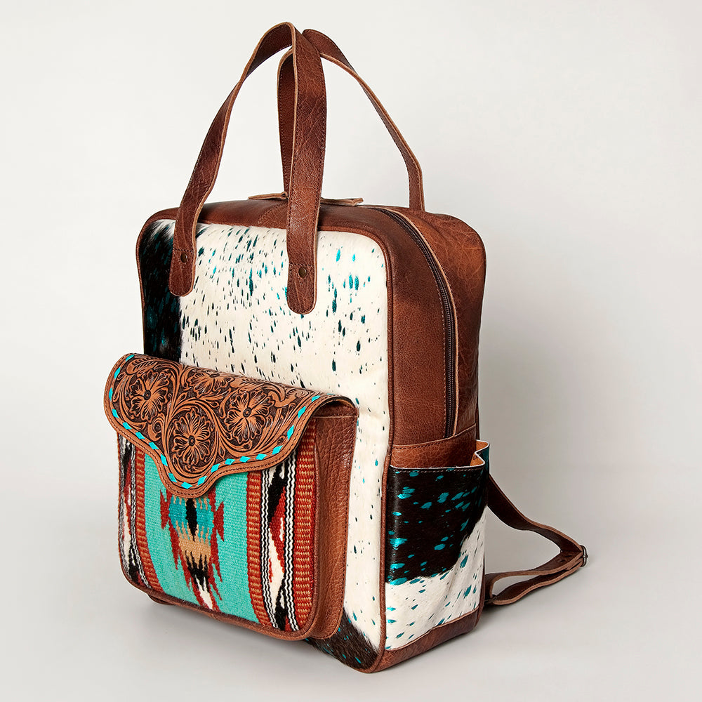 American Darling Backpack, Hand Tooled Floral Leather, Hair-On Cowhide & Woven Saddle Blanket, Western Style Genuine Leather