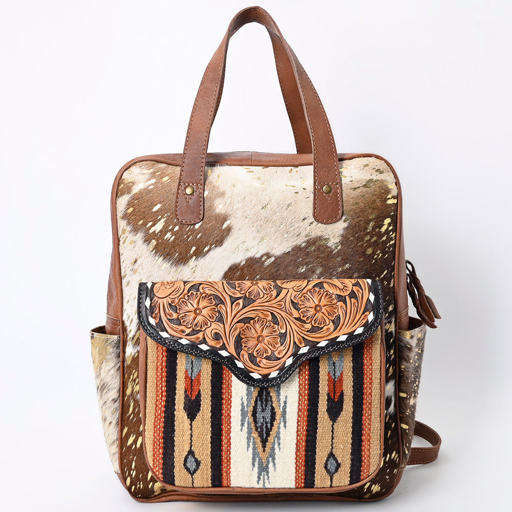 American Darling Backpack, Hand Tooled Floral Leather, Hair-On Cowhide & Woven Saddle Blanket, Western Style Genuine Leather