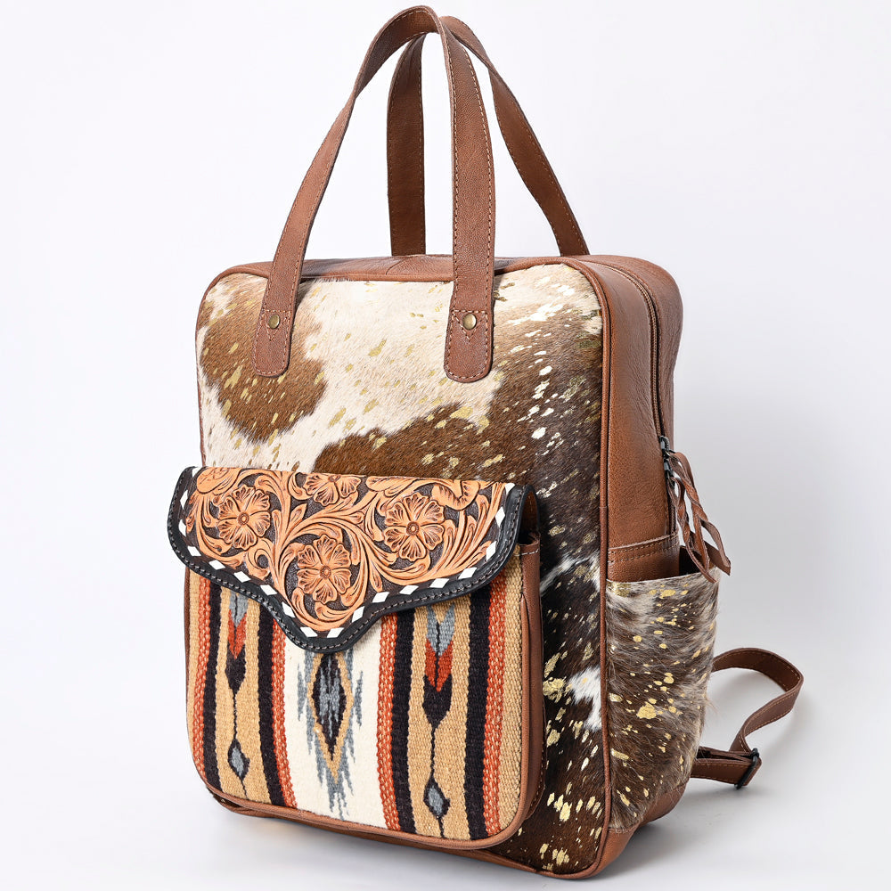 American Darling Backpack, Hand Tooled Floral Leather, Hair-On Cowhide & Woven Saddle Blanket, Western Style Genuine Leather