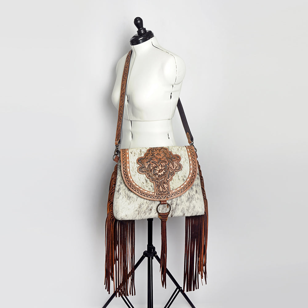 American Darling Hand-Tooled Hair-On Genuine Leather Messenger Bag