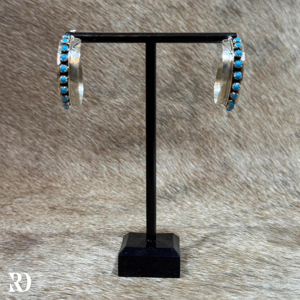 Large Feathered Hoop With Kingman Turquoise Earrings By Chester Charley