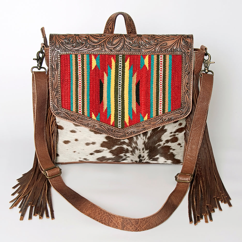 American Darling Messenger Bag for Women, Hand Tooled Floral Leather, Hair-On Cowhide, Saddle Blanket, Genuine Western Leather