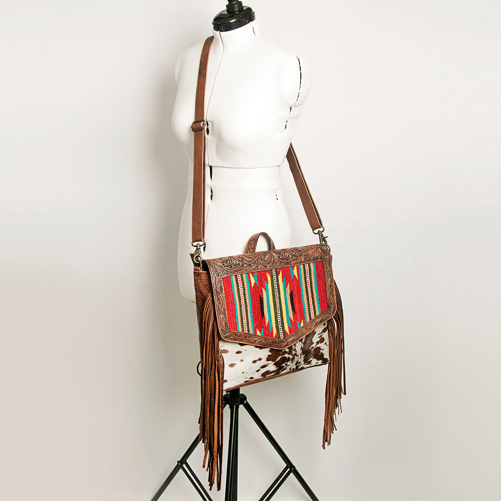 American Darling Messenger Bag for Women, Hand Tooled Floral Leather, Hair-On Cowhide, Saddle Blanket, Genuine Western Leather
