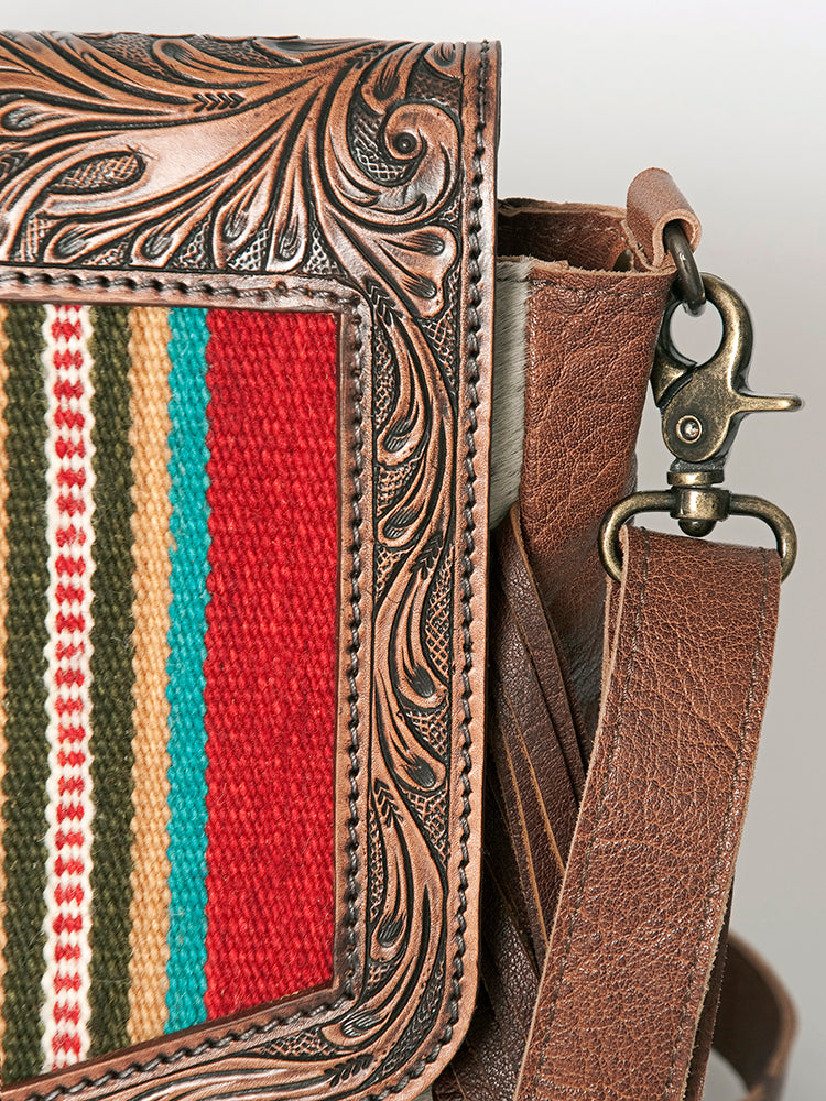 American Darling Messenger Bag for Women, Hand Tooled Floral Leather, Hair-On Cowhide, Saddle Blanket, Genuine Western Leather