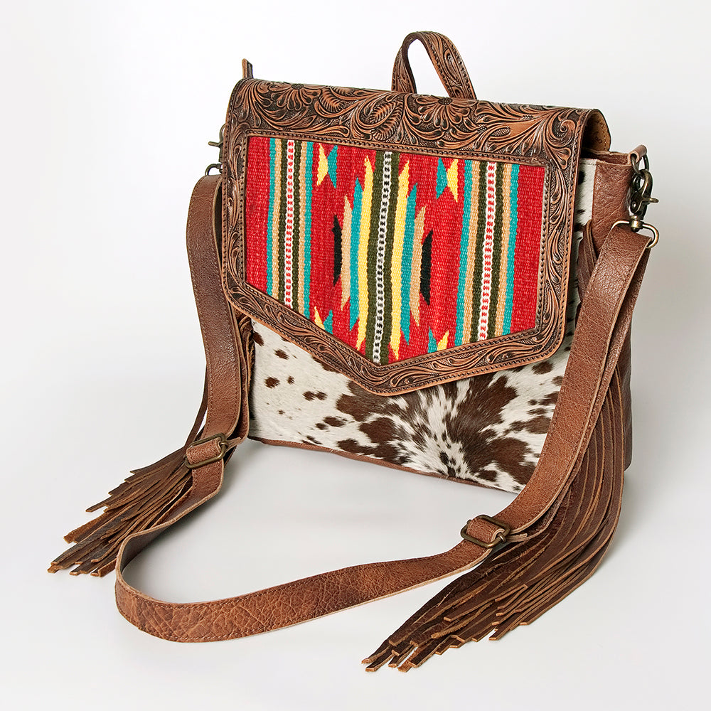 American Darling Messenger Bag for Women, Hand Tooled Floral Leather, Hair-On Cowhide, Saddle Blanket, Genuine Western Leather