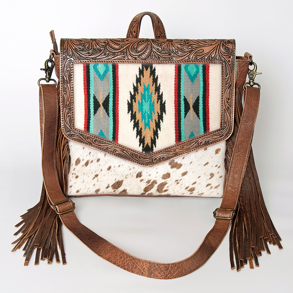 American Darling Messenger Bag for Women, Hand Tooled Floral Leather, Hair-On Cowhide, Saddle Blanket, Genuine Western Leather