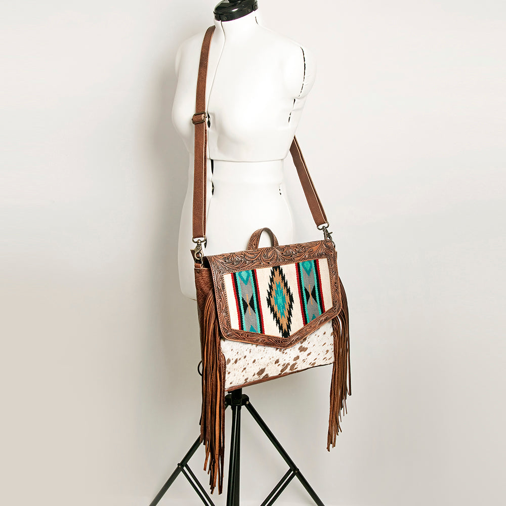 American Darling Messenger Bag for Women, Hand Tooled Floral Leather, Hair-On Cowhide, Saddle Blanket, Genuine Western Leather