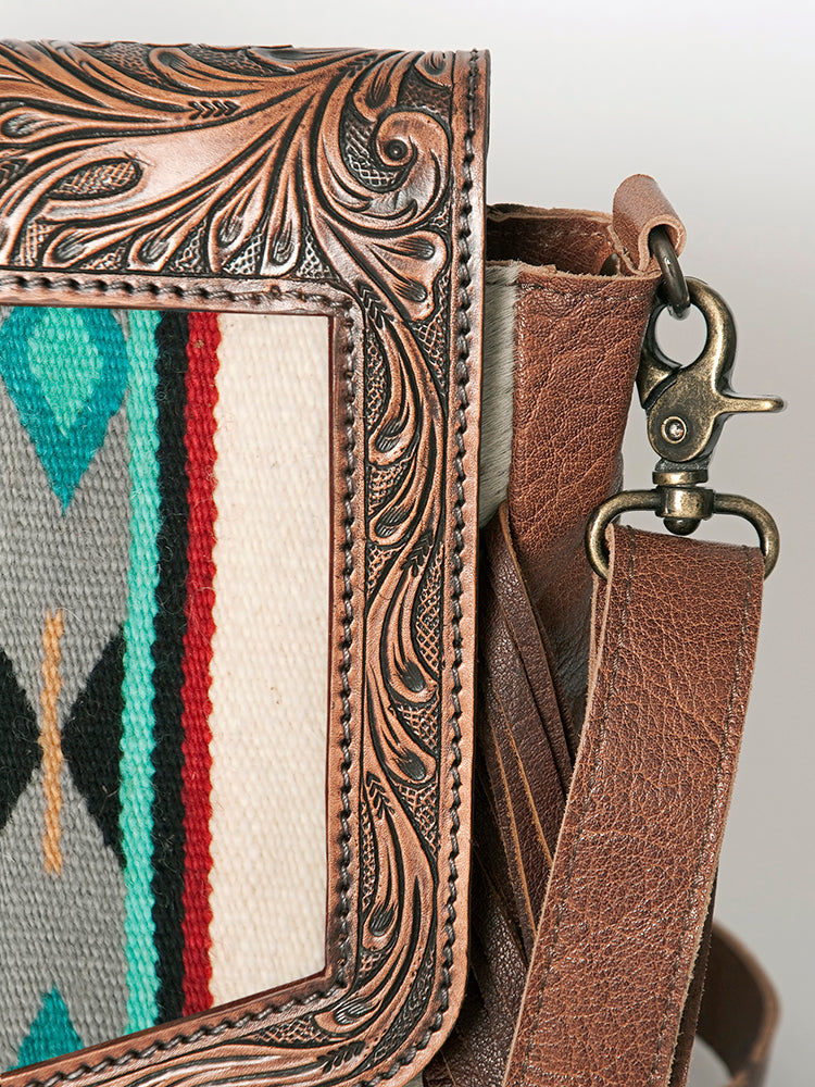 American Darling Messenger Bag for Women, Hand Tooled Floral Leather, Hair-On Cowhide, Saddle Blanket, Genuine Western Leather