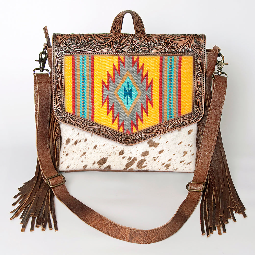 American Darling Messenger Bag for Women, Hand Tooled Floral Leather, Hair-On Cowhide, Saddle Blanket, Genuine Western Leather