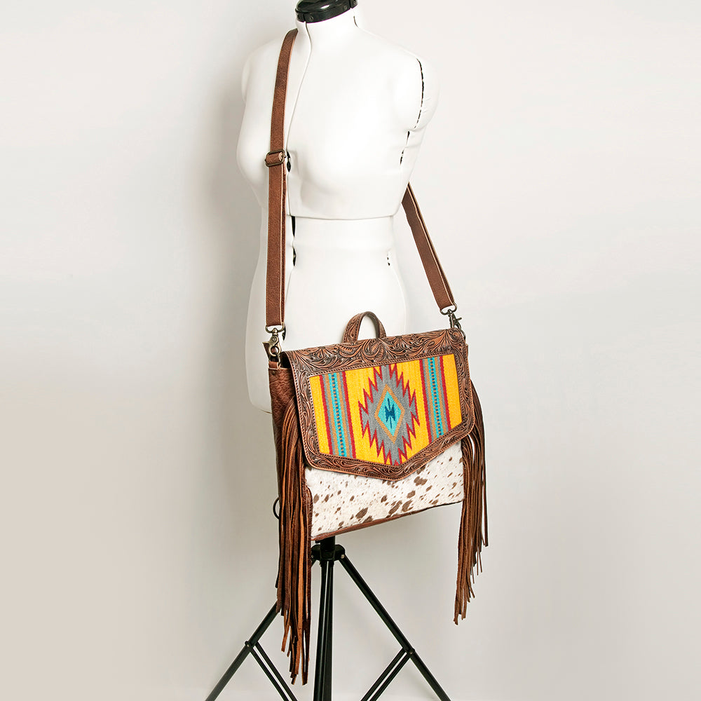American Darling Messenger Bag for Women, Hand Tooled Floral Leather, Hair-On Cowhide, Saddle Blanket, Genuine Western Leather